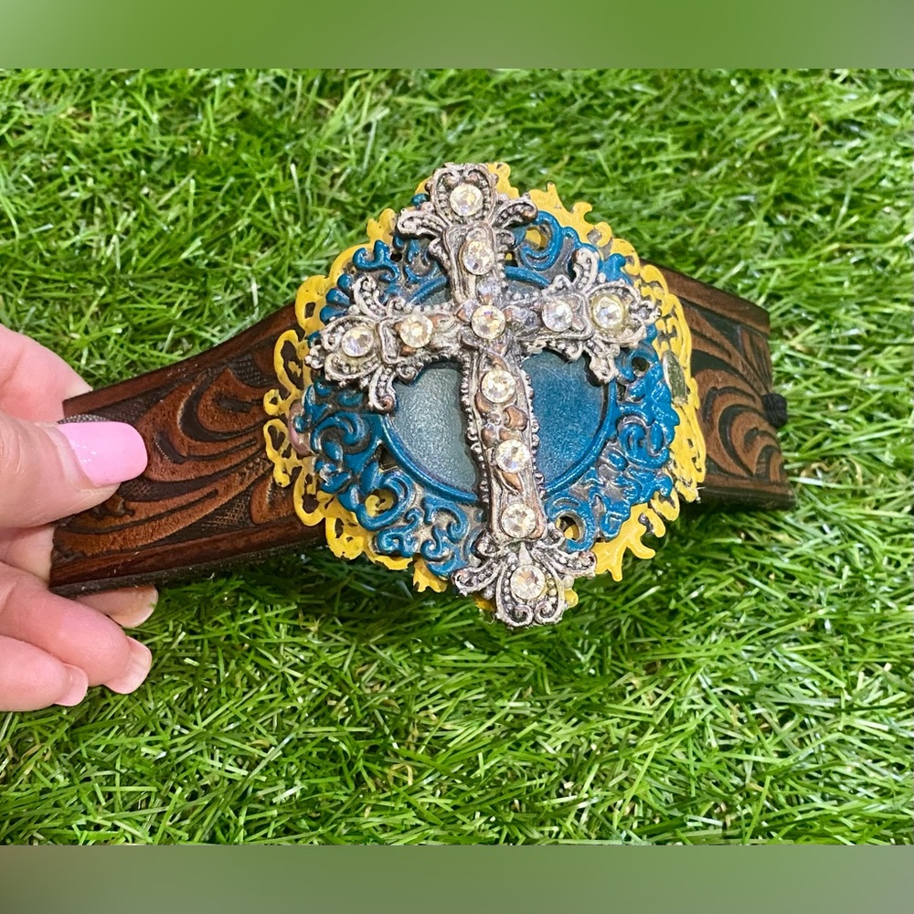 Western Tooled Leather Cuff Bracelet Rhinestone Cross Turquoise Boho Adjustable
